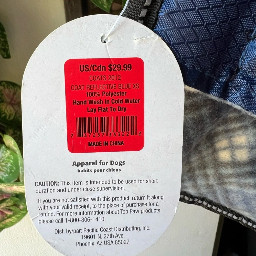 NWT top paw reflective reversible blue coat for dogs size XS.